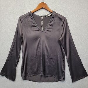 RAMY BROOK Silk V-Neck Blouse Stretch Minimalist Back Zip Flare Sleeves Gray XS